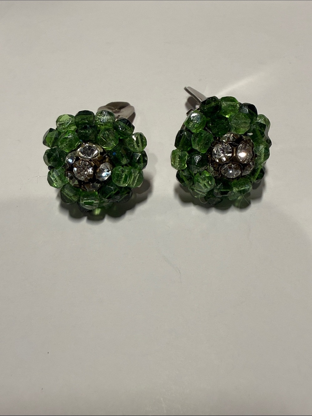 Vintage Emerald Glass Bead Clip On Earrings